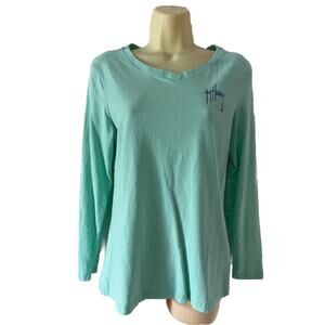 Guy Harvey Aqua Long Sleeve V-Neck T-Shirt Tropical Graphic Woman’s Size Small